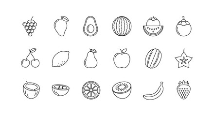 Collection of outline style fruits with tropical fruits isolated vector set on the white background drawing set