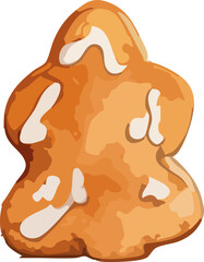 A gingerbread cookie shaped like a small Christmas tree, decorated with soft white icing details and warm golden-brown baked texture.