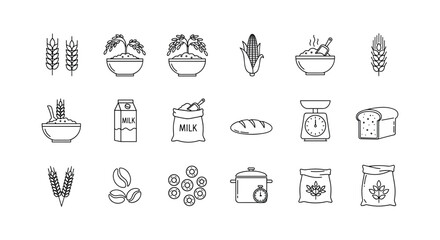 Collection of line art flour and bakery products icons set exactly 100 characters