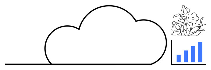 Obraz premium Large cloud outline, flowers in a pot, and bar chart symbolizing data integration, nature, and sustainability. Ideal for technology, ecology, environment, growth analytics business strategy
