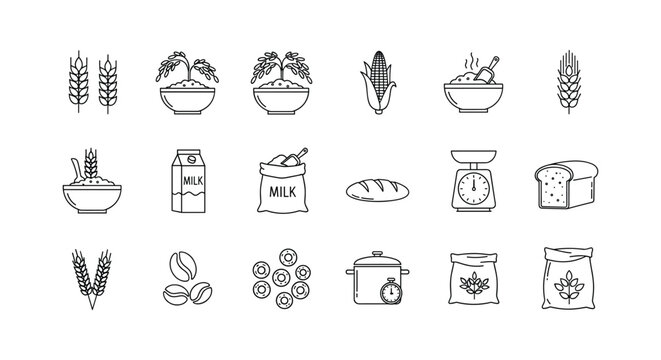 Collection of line art flour and bakery products icons set exactly 100 characters