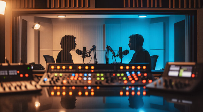 Two people in silhouette speaking into microphones during a podcast recording session inside a professional audio studio with illuminated control panels and soundproofed walls. - Powered by Adobe