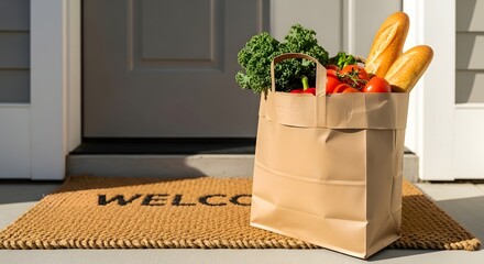 Brown paper grocery bag filled with fresh produce waiting on a home doorstep for a convenient food delivery concept and sustainable living