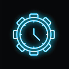 Neon blue clock is showing time passing, inside a cogwheel, on a black background