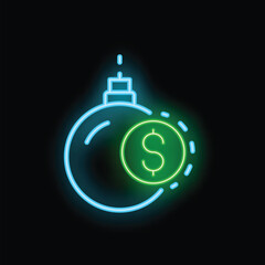Bright neon sign representing the concept of a money bomb exploding with a green dollar sign