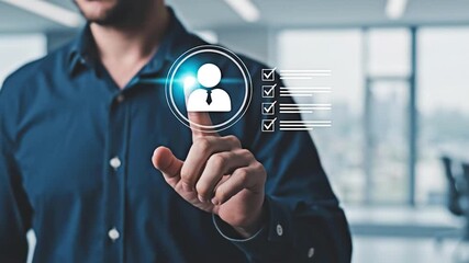 A man pressing the virtual button for the concept of Human resource.