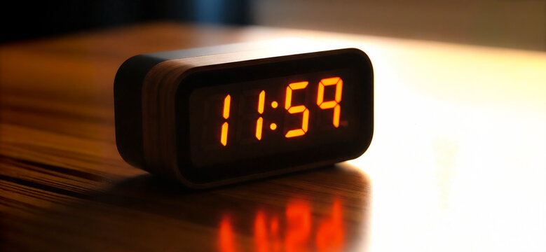 A digital alarm clock with a display and the time at 11:59, or one minute before noon or midnight. Design element or background with copy space. Deadline or insomnia concept.