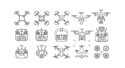 Drone icons set with different styles of aerial cameras and remote control gadgets with outline design