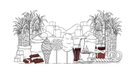 Sweet indulgence sugars sugarcane chocolate pretzel and beverages outline on white background vector illustration