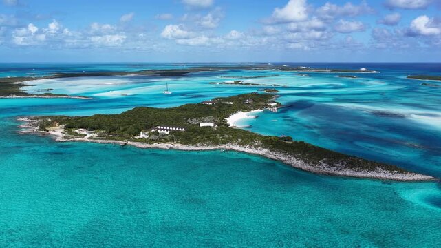Exuma Skyline At Exuma Islands In Black Point Bahamas. Beach Landscape. Bay Harbor Scenery. Shades Of Blue Watercolor. Exuma Skyline In Exuma Islands In Black Point Bahamas. Amazing Caribbean Sea.