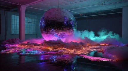 Disco ball reflects vivid colors in an industrial space, surrounded by colorful fog and neon lights, creating a lively and energetic ambiance