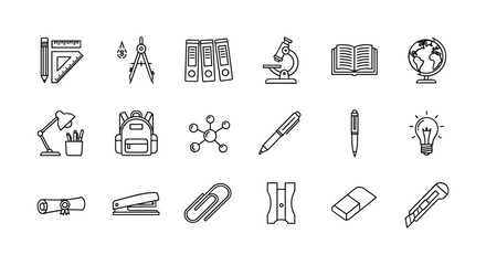 Back to school line icon set of student learning study supplies and education knowledge equipment