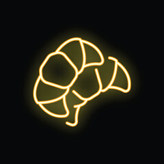 Yellow neon sign depicting a delicious croissant shining on a black background