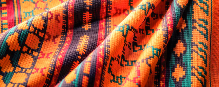 Vibrant woven fabric showcasing intricate patterns and colors of traditional craftsmanship from cultural heritage - Powered by Adobe