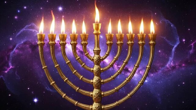 Hanukkah menorah candles flickering against a cosmic galaxy background bringing light and joy to the celebration this season