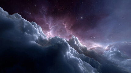 Fototapeta premium A dramatic cosmic nebula scene showcasing massive clouds of purple, magenta, and blue gas illuminated by bright internal light sources. The nebula forms intricate tendrils, soft cu