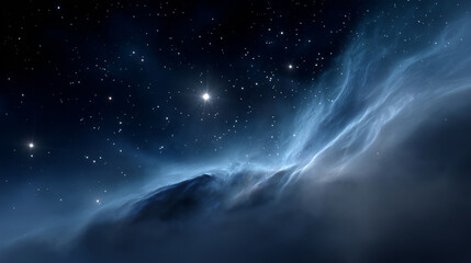 A richly detailed view of outer space featuring a luminous blue nebula extending across the scene like a drifting cosmic cloud. The nebula glows in layered shades of sapphire, coba