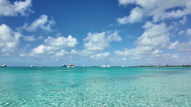 Cruise Trip At Pigs Beach In Exuma Islands Bahamas. Stunning Turquoise Water. Beach Landscape. Shades Of Blue Watercolor. Cruise Trip In Pigs Beach In Exuma Islands Bahamas. Caribbean Background.