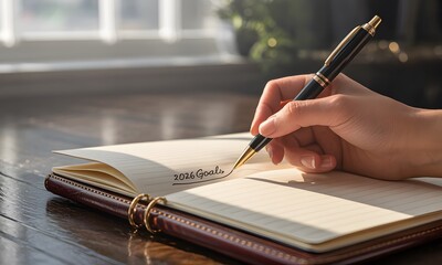 Start planning for 2026 now with this elegant notebook and pen, perfect for goal-setting and new year resolutions in a bright, professional workspace