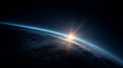 Fototapeta premium A breathtaking cosmic sunrise as seen from orbit, with the edge of Earth glowing in vivid blue tones. The sunâs bright core emerges from behind the horizon, casting powerful rays t