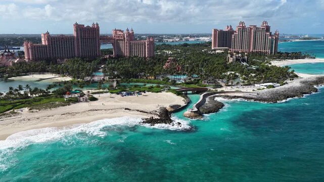 Atlantis Hotel In Nassau In New Providence Bahamas. Resort Landscape. Beach Scenery. Caribbean Sea. Atlantis Hotel In New Providence Bahamas. Nature Seascape.