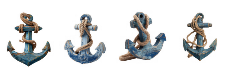 Four antique nautical anchors with rope details displayed from different angles isolated on transparent background