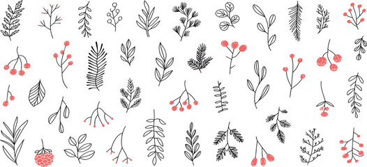 Hand-Drawn Botanical Elements Vector Set, Sketchy Leaves, Berries, and Branches Doodle Collection, Rustic Floral Design Graphics
