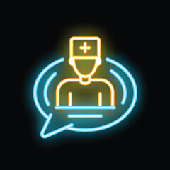 Neon doctor icon giving medical advice inside speech bubble, healthcare communication concept
