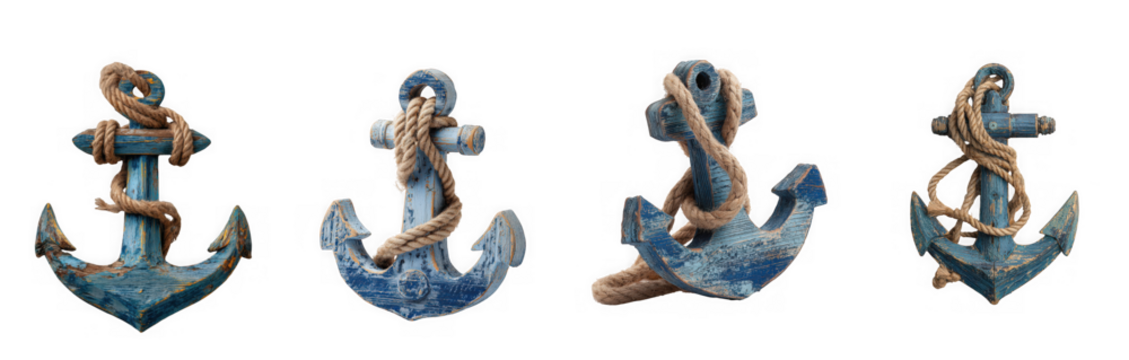Four antique nautical anchors with rope details displayed from different angles isolated on transparent background