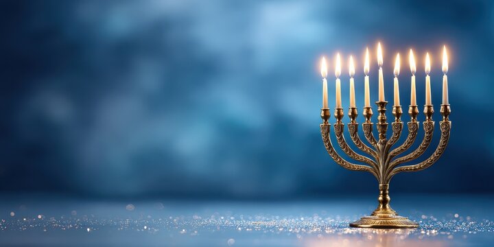 Illuminated menorah with nine candles burning brightly on a textured blue background