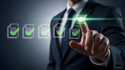 Quality control and task completion concept with green check marks
