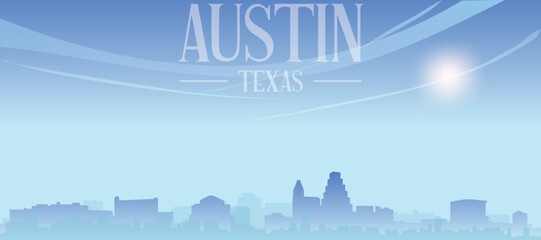 Fototapeta premium Blue panoramic poster of the city skyline with misty background buildings and clouds of AUSTIN, TEXAS