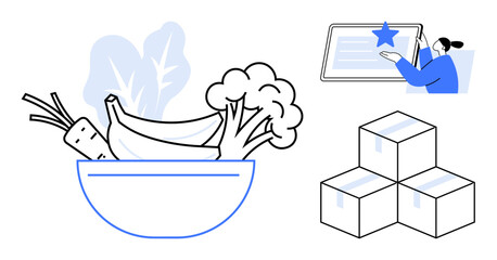 Bowl of vegetables and fruits, person interacting with tablet, and packed boxes highlight grocery delivery, digital commerce, inventory, and eco-friendly choices. Ideal for retail, virtual training