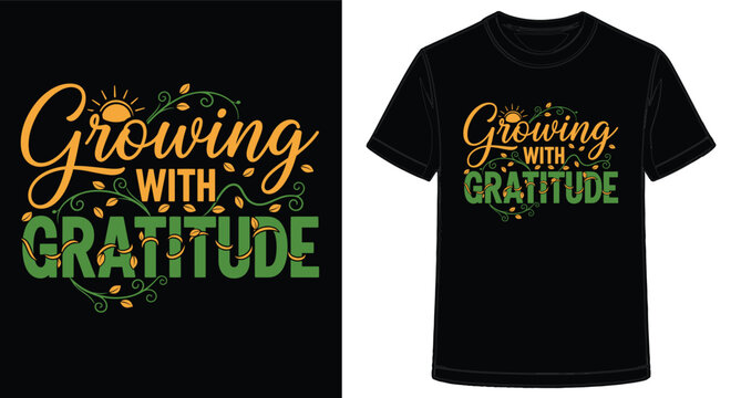 Growing with Gratitude T Shirt Design with Floral Accents and Positive Message on Black Background - Powered by Adobe