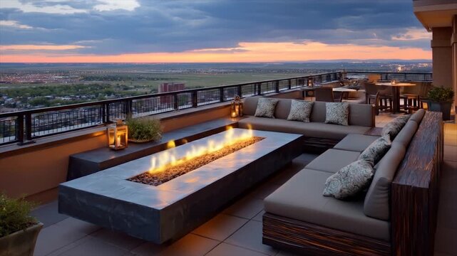 Outdoor lounge with fireplace at dusk overlooking cityscape
