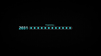 Businessman touching digital progress bar from 2031 to 2032 symbolizing future planning, strategic transition, innovation, and growth with focus on leadership, success,4k animation on black background