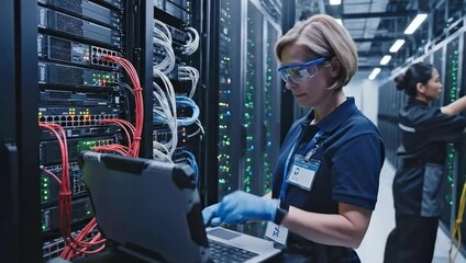 It professionals working in a modern data center with servers and cables - Powered by Adobe