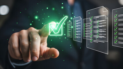 Business person confirming tasks on transparent holographic interface