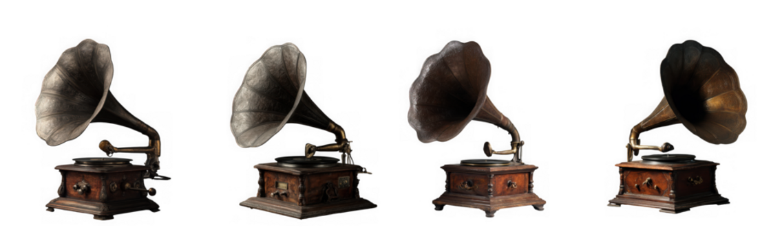Collection of four antique gramophones with ornate wooden bases and large horns isolated on transparent background