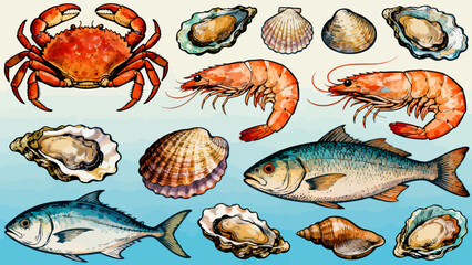 This colorful illustration displays a diverse collection of seafood—including shrimp, salmon, tuna, crabs, scallops, octopuses, and mussels—arranged neatly against a light background.
