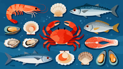 This colorful illustration displays a diverse collection of seafood—including shrimp, salmon, tuna, crabs, scallops, octopuses, and mussels—arranged neatly against a light background.