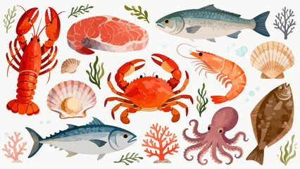 This colorful illustration displays a diverse collection of seafood—including shrimp, salmon, tuna, crabs, scallops, octopuses, and mussels—arranged neatly against a light background.