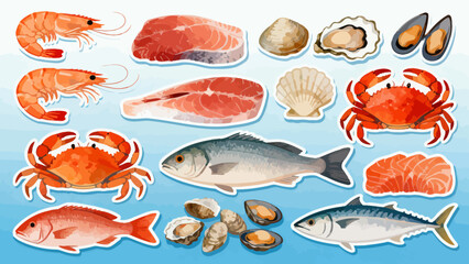 This colorful illustration displays a diverse collection of seafood—including shrimp, salmon, tuna, crabs, scallops, octopuses, and mussels—arranged neatly against a light background.