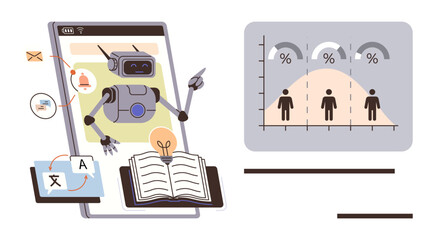 Robot interacting with digital elements, illustrating automation, analytics, education, and teamwork. Ideal for technology, future, AI integration, education data visualization automation