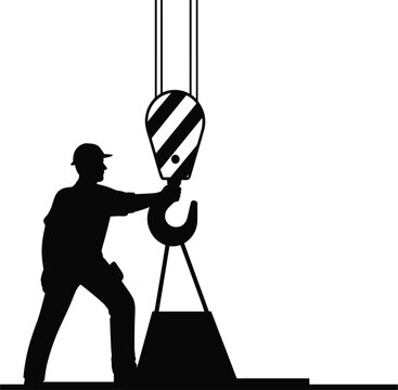 Construction Worker and Crane Hook Silhouette Vector Icon, Rigger Lifting Load, Industrial Safety Graphic, Heavy Lifting and Assembly Pictogram