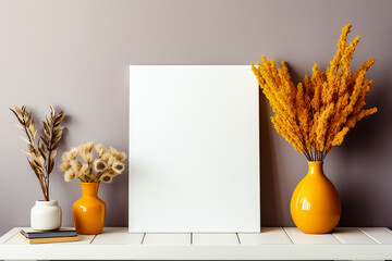 Interior design mockup with poster frame and autumn decoration. Minimalist shelf arrangement with ceramic vessels and foliage.