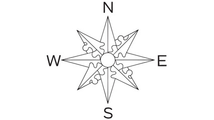 Fototapeta premium Detailed grayscale compass rose illustration with cardinal directions and ornate points for design use.