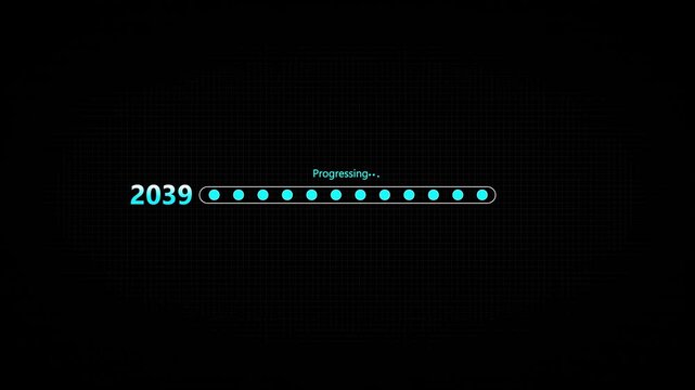 Businessman touching digital progress bar from 2039 to 2040 symbolizing future planning, strategic transition, innovation, and growth with focus on leadership, success,4k animation on black background