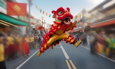 Energetic lion dancer jumps joyfully during vibrant Chinese New Year parade, adding festive cheer to the bustling city street with an explosion of color