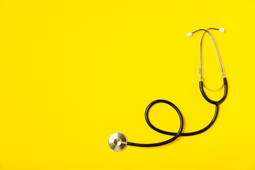 Stethoscope on the table. Medical instrument. Medical concept. Healthcare. Health Day.Doctor equipment. Cardiology. Heart disease.Lung diagnostics.Diagnosis of respiratory inflammation.Space for text